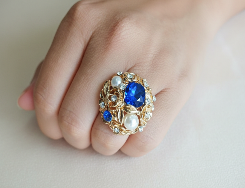 Close-up of a ring with a blue gemstone on a finger